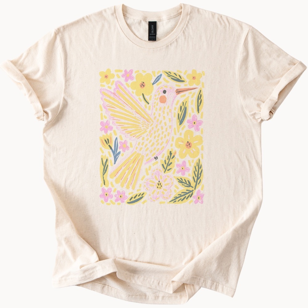 Boho Bird with Flowers Nature Inspired Graphic Tee